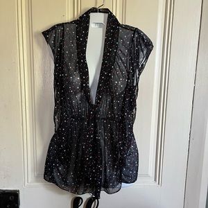 LASHES brand sheer overlay, size L, navy blue with red white and blue polka dots